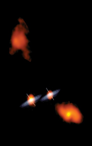 La galaxia 0402 + 379 albergando los dos agujeros negros supermasivos en su centro. UNM